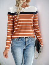 Perfee Contrast Striped Round Neck Long Sleeve T-Shirt OutfitFlow